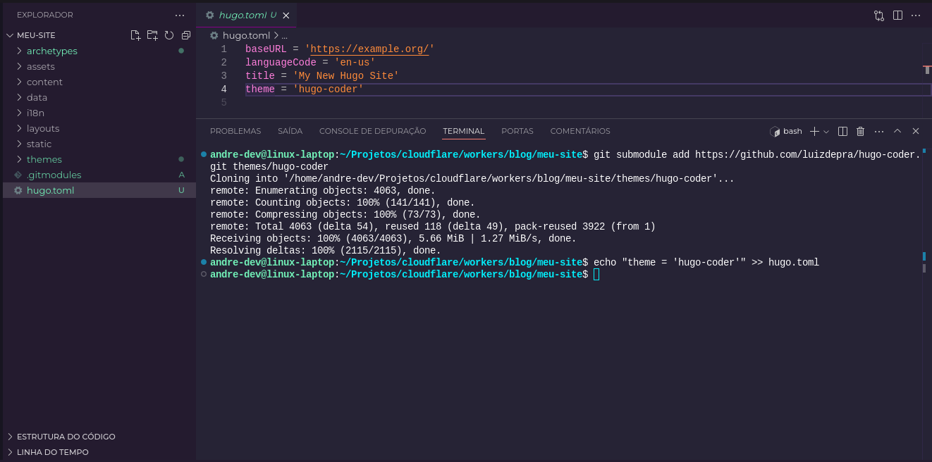 Resultado do comando para adicionar o tema hugo-coder